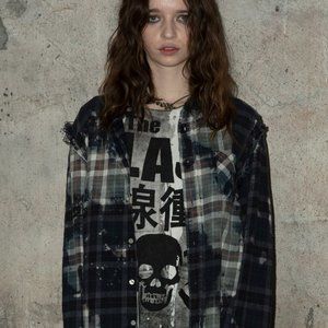 R13 Navy Bleached Shredded Seam plaid Shirt